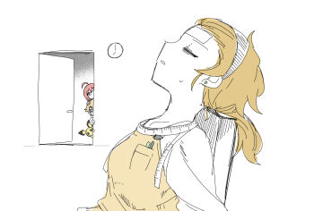 1boy 2girls =_= ahoge apron apron_pocket brother_and_sister brown_hair chair chan_chiho chan_mama clock closed_eyes commentary_request earrings gen_2_pokemon hairband hand_on_another&#039;s_head harumi_(pokemon) highres jewelry leaning_back long_hair mother_and_daughter mother_and_son multiple_girls nao_(70_pocky) nintendo open_door open_mouth peeking pichu pokemon pokemon_(creature) pokemon_kids_tv red_hair shirt siblings solo_focus sweatdrop wall_clock white_shirt yellow_apron
