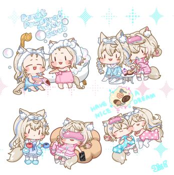 2girls :3 animal_ear_fluff animal_ears bathtub blanket blonde_hair blue_jacket blue_streaks blush_stickers bottle braid braiding_another's_hair braiding_hair cheek-to-cheek chibi closed_eyes closed_mouth coffee coffee_mug commentary_request crossed_bangs cup dog_ears dog_girl dog_tail donut double_bun dreaming drinking_glass english_text food fork fuwawa_abyssgard hair_between_eyes hair_bun hair_ornament hairband hairclip hairdressing handheld_game_console heads_together highres holding holding_cup holding_handheld_game_console hololive hololive_english jacket knife long_hair lying medium_hair mococo_abyssgard mug multicolored_hair multiple_girls multiple_views naked_towel on_back on_side open_mouth pink_jacket pink_shirt pink_streaks sakeno2nd shirt shorts siblings simple_background sisters sitting sleep_mask sleeping soap_bubbles socks speech_bubble standing star_(symbol) streaked_hair table tail thighhighs thought_bubble towel towel_on_head twin_braids twins virtual_youtuber wet white_background white_hairband white_shorts white_socks white_thighhighs