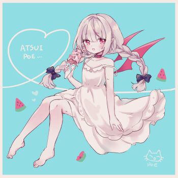 1girl aqua_background bare_shoulders barefoot belt_collar black_ribbon blunt_bangs blush border braid collar collarbone demon_wings dress fang food full_body furrowed_brow grey_hair hair_ribbon heart holding holding_ice_cream_cone ice_cream ice_cream_cone invisible_chair karunabaru long_hair looking_at_viewer low_twin_braids makaino_ririmu makaino_ririmu_(3rd_costume) multicolored_hair multiple_scoops nijisanji open_mouth pointy_ears red_collar red_eyes red_streaks red_wings ribbon sidelocks sitting sleeveless sleeveless_dress solo strap_slip streaked_hair sundress sweat toe_scrunch twin_braids two-tone_hair virtual_youtuber white_border white_dress wings