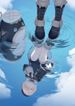 1boy absurdres beret black_boots black_coat black_gloves black_hat blonde_hair blue_eyes blue_sky bodysuit bodysuit_under_clothes boots bug butterfly cloud coat day expressionless fingerless_gloves freminet_(genshin_impact) genshin_impact gloves hair_over_one_eye hashtag-only_commentary hat highres insect knee_boots lace-up_boots long_sleeves male_focus non-humanoid_robot pers_(genshin_impact) pouch reflection reflective_liquid ripples robot side_part sky solo standing thigh_pouch wolfram_1