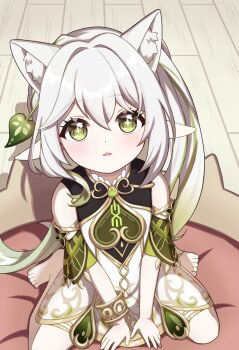 1girl absurdres animal_ear_fluff animal_ears armlet bare_shoulders barefoot blush cat_ears commentary_request cross-shaped_pupils detached_sleeves dress extra_ears genshin_impact gold_trim gradient_hair green_eyes green_hair green_sleeves hair_between_eyes hair_ornament highres jewelry kemonomimi_mode leaf_hair_ornament long_hair looking_at_viewer moo-san_(creamgameart) multicolored_hair nahida_(genshin_impact) parted_lips pointy_ears side_ponytail sitting sleeveless sleeveless_dress solo symbol-shaped_pupils toes variant_set wariza white_dress white_hair