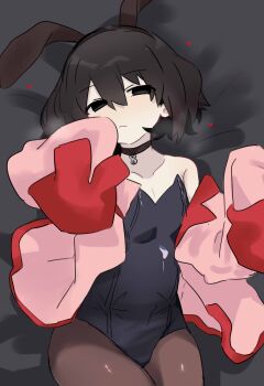 1girl :&lt; absurdres animal_ear_hairband animal_ears arms_up bed_sheet black_choker black_eyes black_hair black_hairband black_leotard black_pantyhose bob_cut breasts choker closed_mouth collarbone collared_shirt commentary dress_shirt empty_eyes fake_animal_ears from_above hair_between_eyes hair_spread_out hairband hand_to_own_mouth heart highres leotard light_blush looking_at_viewer looking_up lying monogatari_(series) naoetsu_high_school_uniform narrowed_eyes off_shoulder on_back on_bed open_clothes open_shirt oshino_ougi pantyhose pendant_choker pink_shirt playboy_bunny rabbit_ear_hairband rabbit_ears school_uniform shiny_clothes shirt short_hair single_bare_shoulder sleeves_past_fingers sleeves_past_wrists small_breasts solo strapless strapless_leotard symbol-only_commentary tsugumi_(tgm_615486) very_long_sleeves