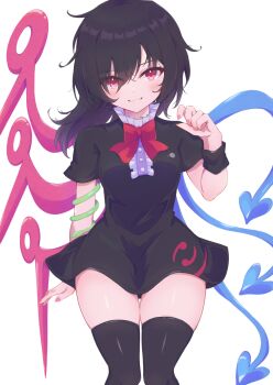 1girl :d arm_behind_back asymmetrical_wings black_dress black_hair blue_wings blush bow bowtie breasts center_frills commentary_request dress frills grin hair_over_one_eye hand_up highres hip_focus houjuu_nue long_hair looking_at_viewer medium_breasts open_mouth red_bow red_bowtie red_eyes red_wings small_breasts smile snake snake_wrapped_around_arm solo thighs tomoe_(fdhs5855) touhou wings wristband