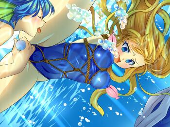 2girls air_bubble asphyxiation bdsm bondage bound breasts breath bubble crotch_rope drowning closed_eyes female_focus holding_breath mermaid monster_girl multiple_girls nipples open_mouth peril rope shibari sweetsprite swimsuit underwater yuri