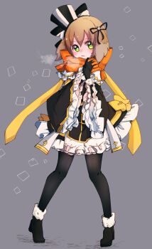 1girl absurdres arch_bishop_(ragnarok_online) asuta_(kinakomoti300) black_dress black_gloves black_hat black_pantyhose black_ribbon black_shoes blush bow breath brown_hair commentary_request dress dress_bow frilled_dress frilled_sleeves frills full_body fur-trimmed_shoes gloves green_eyes grey_background hair_ribbon hat highres looking_at_viewer open_mouth orange_scarf pantyhose ragnarok_online ribbon scarf shoes simple_background solo standing striped_hat top_hat white_hat wide_sleeves yellow_bow