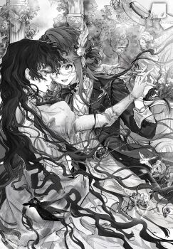 2girls :d artist_request bush coat commentary commission dress english_commentary eye_contact face-to-face feather_hair_ornament feathers floating_hair glasses gloves gown greyscale hair_ornament highres holding_hands interlocked_fingers isolde_(reverse:1999) juliet_sleeves kakania_(reverse:1999) kakania_(seminars_on_serenity)_(reverse:1999) long_hair long_sleeves looking_at_another monochrome multiple_girls official_alternate_costume open_mouth pillar profile puffy_sleeves reverse:1999 round_eyewear second-party_source shirt smile statue yuri