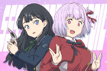 Rule 34 | 2girls, :d, alternate costume, black hair, black ribbon, breasts, copyright name, double v, green ribbon, gridman universe, gridman universe (movie), highres, holding, holding weapon, inoue takina, large breasts, long hair, long sleeves, lycoris recoil, lycoris uniform, multiple girls, nishikigi chisato, open mouth, pink eyes, red shirt, ribbon, shinjou akane, shirt, smile, ssss.gridman, takarada rikka, ueyama michirou, v, voice actor connection, weapon