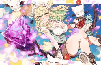 1girl absurdres animal_ears apple basket blonde_hair bracelet breasts cat_ears cat_girl cat_tail commentary_request commission facial_mark final_fantasy final_fantasy_xiv food fruit green_eyes highres holding jewelry maid_headdress miqo'te moogle multiple_others necklace sitting skeb_commission solo tail tamagodyooo warrior_of_light_(ff14) yellow_tail