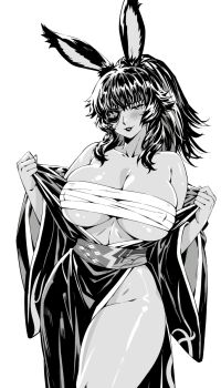 1girl animal_ears black_hair black_lips breasts chest_sarashi contrapposto cowboy_shot dark-skinned_female dark_skin eyepatch final_fantasy final_fantasy_xiv greyscale highres huge_breasts jamjamstyle japanese_clothes kimono leaning_to_the_side lips mole mole_under_eye monochrome open_clothes open_kimono ponytail rabbit_ears rabbit_girl sarashi seductive_smile shiny_skin sidelocks smile standing thick_thighs thighs viera warrior_of_light_(ff14) wavy_hair white_background wide_hips wispy_bangs