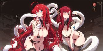 2girls ahoge alternate_costume alternate_hairstyle arm_tattoo black_background black_dress black_thighhighs blue_eyes breasts brown_eyes china_dress chinese_clothes chinese_zodiac cleavage color_connection commentary_request crossed_bangs crossover dress erza_scarlet fairy_tail fairy_tail_logo female_focus garter_straps hair_between_eyes hair_color_connection hair_flowing_over hair_spread_out high_school_dxd large_breasts long_hair mitsu_(mitsu_art) multiple_girls patreon_username ponytail red_hair rias_gremory snake tattoo thighhighs thighs trait_connection very_long_hair year_of_the_snake