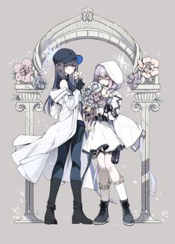 Rule 34 | atsuko (blue archive), bare legs, blue archive, blue eyes, boots, closed eyes, coat, commentary request, dress, flower, halo, highres, purple hair, saori (blue archive), shadow71580825, smelling, smile, socks, tactical clothes, white dress, white socks