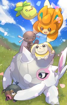 :d :o ^_^ absurdres artist_name black_eyes blue_sky blurry blurry_background bright_pupils brown_eyes cetitan closed_eyes cloud commentary_request day fidough grass highres holding holding_pokemon lechonk looking_at_another looking_up mountain nintendo no_humans nullma o_o on_head open_mouth outdoors paldean_wooper pawmi pokemon pokemon_(creature) pokemon_on_head signature sitting sky smile smoliv spikes triangle_mouth v-shaped_eyebrows wavy_mouth wide-eyed