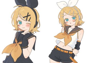 1girl :o aqua_eyes arms_behind_back belt black_dress black_gloves black_shorts blonde_hair blush bow bowtie clenched_hand closed_mouth crop_top detached_sleeves dress fingerless_gloves gloves hair_ornament hand_on_own_arm headphones kagamine_rin kagamine_rin_(sour_model) looking_at_viewer multiple_views navel ofo_j1 one_eye_closed sailor_collar shirt short_hair shorts simple_background sleeveless sleeveless_dress sleeveless_shirt vocaloid white_background x_hair_ornament