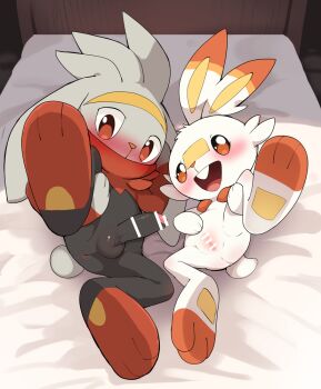 1boy 1girl anus bar_censor black_fur blush censored erection feet furry furry_female furry_male gen_8_pokemon looking_at_viewer manmosu_marimo nintendo on_bed orange_eyes penis pokemon pokemon_(creature) pussy rabbit_boy rabbit_ears rabbit_girl rabbit_tail raboot scorbunny soles spread_legs take_your_pick testicles white_fur