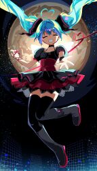 Rule 34 | 1/6 -out of the gravity- (vocaloid), 1girl, :d, absurdres, ahoge, black bow, black shirt, black skirt, black thighhighs, blue hair, boots, bow, closed eyes, collarbone, corset, dot nose, facing viewer, floating, floating hair, foot up, full body, full moon, grin, hair bow, halter shirt, halterneck, hatsune miku, heart, heart ahoge, highres, kasaki sakura, knees together feet apart, layered skirt, miniskirt, moon, nail polish, night, open hand, open mouth, outdoors, outstretched arm, pleated skirt, puffy short sleeves, puffy sleeves, reaching, reaching towards viewer, red corset, red nails, red skirt, shirt, short sleeves, skirt, smile, solo, star (sky), teeth, thighhighs, thighhighs under boots, vocaloid, zettai ryouiki