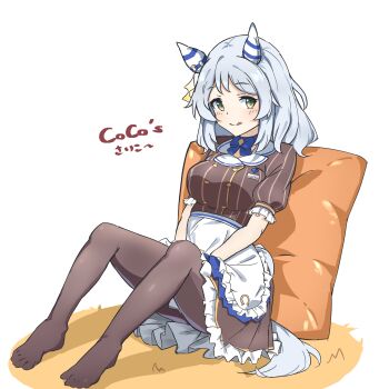 Rule 34 | 1girl, :q, absurdres, akadama iori, animal ears, apron, breasts, brown pantyhose, commentary request, ear covers, frilled skirt, frills, full body, green eyes, grey hair, highres, hishi miracle (umamusume), horse ears, horse girl, horse tail, large breasts, medium hair, no shoes, pantyhose, shirt, sitting, skirt, solo, striped clothes, striped shirt, tail, tongue, tongue out, umamusume, white apron