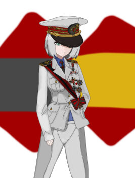 1girl bird cross eagle falangies gold_medal green_eyes hat highres iron_cross keibu_sensei_(sbk) medal military_hat military_uniform nazi non-web_source original red_sash sash short_hair spain spanish_falange white_hair
