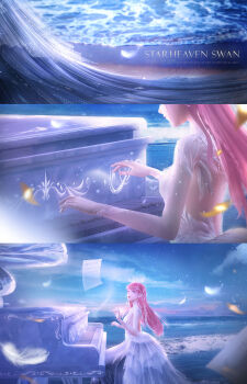 1girl 3d absurdres bare_back chinese_commentary cloud commentary_request crown dawn day dress elbow_gloves english_text feathers gloves grand_piano highres instrument light_particles lips lipstick long_hair makeup music nikki_(nikki) nikki_(series) ocean official_art outdoors piano piano_keys pink_hair playing_instrument playing_piano purple_eyes sheet_music shining_nikki solo white_dress white_gloves wind