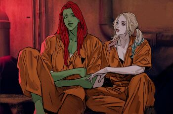Rule 34 | 2girls, batman (series), blonde hair, cbb (tuucoo), colored skin, dc comics, green lips, green skin, harley quinn, highres, jumpsuit, long hair, multiple girls, orange jumpsuit, orange pants, pants, poison ivy, prison, prison cell, prison clothes, prisoner, red hair, red lips, yuri