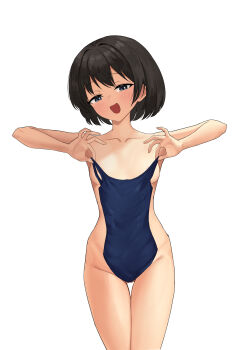 1girl absurdres areola_slip black_hair blue_eyes blush breasts collarbone commentary_request completely_nude covering_privates cowboy_shot d: highres hip_bones hip_dips holding holding_unworn_clothes itsuki_nofuji legs_together looking_at_viewer naughty_face nude one-piece_swimsuit open_mouth original pussy pussy_peek school_swimsuit short_hair simple_background small_breasts smile solo standing swimsuit teasing white_background