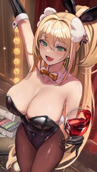 1girl :d absurdres animal_ears arm_up black_gloves black_leotard blonde_hair blush bow bowtie breasts brown_pantyhose casino cherre cleavage cup detached_collar earrings fake_animal_ears fake_tail fang gloves goddess_of_victory:_nikke green_eyes hair_ornament highleg highleg_leotard highres holding holding_cup jewelry large_breasts leotard liquid long_hair official_alternate_costume open_mouth pantyhose playboy_bunny ponytail rabbit_ears rabbit_tail rupee_(nikke) rupee_(rabbit_deluxe)_(nikke) smile solo strapless strapless_leotard tail yellow_bow yellow_bowtie