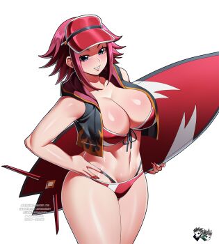 1girl alternate_costume bikini black_vest blue_eyes breasts code_geass code_geass:_genesic_re;code cowboy_shot curvy flipped_hair hand_on_own_hip hat highres jadenkaiba kouzuki_kallen large_breasts multi-strapped_bikini_bottom official_alternate_costume red_bikini red_hair red_hat shiny_skin simple_background solo surfboard swimsuit thick_thighs thighs thong thong_bikini vest visor_cap watermark white_background wide_hips