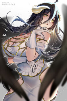 1girl absurdres albedo_(overlord) bare_shoulders black_hair black_wings blush breasts clothing_cutout demon_girl gloves hair_between_eyes highres hip_vent horns large_breasts long_hair looking_at_viewer overlord_(maruyama) parted_lips patreon_username smile solo tagme tofuubear white_gloves wings yellow_eyes