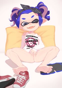 1girl ;p absurdres anus bare_shoulders blue_eyes blue_hair blush bottomless bow cleft_of_venus clitoris collarbone fangs feet female_focus flat_chest full_body hair_bow hairband hand_on_pussy highres inkling inkling_girl inkling_player_character loli lolicom long_sleeves looking_at_viewer monster_girl naughty_face nintendo no_panties one_eye_closed open_mouth panties pillow pointy_ears punk pussy shirt shoes short_hair short_twintails shorts simple_background sitting smile soles solo source_request splatoon_(series) splatoon_2 spread_legs sweat sweatdrop tank_top tentacle_hair thighs toes tongue tongue_out twintails uncensored underwear unworn_panties unworn_shoes wink