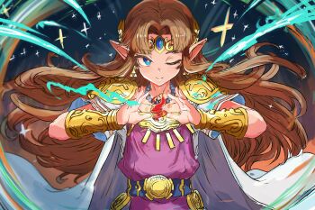 1girl absurdres aura blue_eyes brown_hair cape collarbone copyright_name cowboy_shot dress fake_pointy_ears fire highres ishijimajirou nintendo one_eye_closed pink_dress purple_dress solo the_legend_of_zelda white_cape