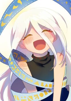 1girl ^_^ black_dress closed_eyes commentary dress facing_viewer fossilized_wonders highres long_hair mewbe3al2si6o12 open_mouth ribbon smile solo touhou upper_body white_hair yuiman_asama