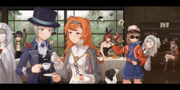 &gt;:( 3d_glasses 6+girls :3 :t ? absurdres alien_t an-an_lee animal_ear_headwear animal_ears apple apple_(reverse:1999) arm_up ascot aviator_cap badge bar_stool bare_arms bare_shoulders behind_another black_bow black_bowtie black_choker black_gloves black_hair black_leotard black_pantyhose black_skirt black_vest blonde_hair blue_dress blue_eyes blue_hairband blue_neckerchief blush boater_hat boots border_collie bow bowtie braid breasts brown_footwear brown_gloves brown_hair brown_hat brown_jacket brown_shorts bunny_bunny_(reverse:1999) newsboy_cap cake cake_slice can canteen checkered_hairband chicken_(food) chicken_leg choker cleavage closed_eyes clothes_writing clothing_cutout coat cocktail_shaker collared_shirt counter crossed_legs cup day detached_collar dog dress drink_can envy eyewear_on_head fake_animal_ears feathers feeding fingerless_gloves flying_saucer food fork fruit ghost_costume gloves goggles goggles_on_headwear green_eyes green_jacket grey_cloak grey_eyes grey_hair grey_shirt grey_shorts grey_sweater grin hair_bun hairband hand_up hat high_collar highres holding holding_can holding_canteen holding_cup holding_food holding_fork holding_saucer indoors jacket knee_boots large_breasts leotard lilya_(reverse:1999) long_hair long_sleeves long_table looking_at_another looking_at_food looking_down luoyi_(user_xatj3328) mask mask_around_neck matilda_bouanich medium_hair multiple_girls neckerchief necktie notice_lines o_o on_stool one_side_up orange_hair oxygen_mask pantyhose parted_lips pickles_(reverse:1999) plate playboy_bunny poltergeist_(reverse:1999) puffy_long_sleeves puffy_sleeves purple_coat rabbit_ears red_feathers red_jacket red_necktie regulus_(reverse:1999) reverse:1999 satellite saucer sheet_ghost shelf shirt short_dress short_hair short_shorts shorts side_cutout single_side_bun sitting skirt smile soda_can sonetto_(reverse:1999) spacecraft sputnik sputnik_(reverse:1999) stool strapless strapless_leotard strawberry_cake sunglasses sweater table tablecloth teacup television tile_floor tiles traditional_bowtie triangle_mouth ttt_(reverse:1999) twin_braids two_side_up ufo upper_body v-shaped_eyebrows vertin_(reverse:1999) vest waistcoat white_ascot white_dress white_gloves white_shirt window