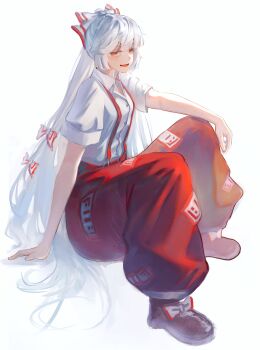 1girl :d absurdly_long_hair absurdres arm_support black_shoes bow collared_shirt commentary commission fujiwara_no_mokou full_body hair_bow highres invisible_chair long_hair multiple_hair_bows open_mouth pants red_eyes red_pants shirt shoes short_sleeves simple_background sitting smile solo suspenders touhou very_long_hair white_background white_bow white_hair white_shirt yuhel