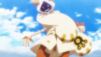 animated animated_gif arc_system_works blazblue blazblue:_alter_memory bouncing_breasts breasts dark_skin hands_on_own_hips hooded lowres midriff sarashi smile subtitled swimsuit taokaka underboob