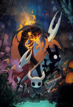 1girl 3others amputee arthropod_girl black_skin coiled_nail_(hollow_knight) colored_skin commentary corruption crystal english_commentary floating grey_cloak highres holding holding_weapon hollow_eyes hollow_knight hollow_knight_(character) horned_mask hornet_(hollow_knight) impaled jellyfish knight_(hollow_knight) making-of_available mask mintteaink multiple_others nail_(hollow_knight) needle_(hollow_knight) ooma_(hollow_knight) shade_(hollow_knight) thread uoma_(hollow_knight) weapon white_mask