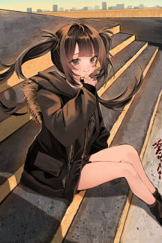 Rule 34 | 1girl, absurdres, black eyes, black hair, black jacket, blood, closed mouth, commentary request, hanataro (sruvhqkehy1zied), highres, jacket, long hair, original, sitting, solo, twintails