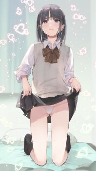 1girl absurdres bow bowtie clothes_lift ear_piercing fangs full_body fuzuki_fuuro gluteal_fold grey_hair heart highres indoors lifting_own_clothes looking_at_viewer no_shoes non-web_source original panties piercing purple_eyes skirt skirt_lift smile socks solo sparkle sweater_vest tachibana_kanna underwear white_panties