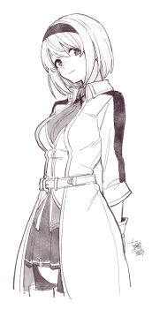 1girl amnesia_(majo_no_tabitabi) arms_behind_back breasts coat greyscale hairband highres majo_no_tabitabi medium_breasts medium_hair miniskirt monochrome nanao_itsuki pleated_skirt signature skirt smile solo