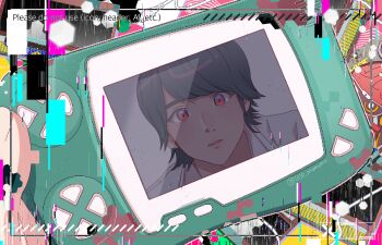 Rule 34 | 1010 mumumu, 1boy, black hair, commentary, glitch, handheld game console, highres, holding, holding handheld game console, houjou emu, kamen rider, kamen rider ex-aid (series), looking at object, male focus, mighty action x gashat, open mouth, pink eyes, pixelated, reflection, reflection focus, short hair, solo, symbol-only commentary, tokusatsu, upper body
