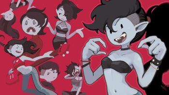 1girl adventure_time alternate_hairstyle bass_guitar black_hair black_shorts black_skirt bracelet closed_mouth colored_skin commentary_request crop_top fang fangs grey_pants grey_shirt grey_skin highres holding holding_bass_guitar holding_instrument ingen_(ingen-godzzila) instrument jewelry long_hair marceline_abadeer multiple_bracelets multiple_views navel open_mouth pants pointy_ears red_background red_shirt red_sweater sharp_teeth shirt short_hair short_sleeves shorts shrugging simple_background skirt sleeveless smile solid_oval_eyes stomach sweater teeth undercut upper_teeth_only upside-down vampire very_short_hair