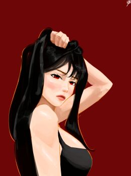 1girl black_hair black_tank_top commentary english_commentary from_side highres holding holding_own_hair l3xarts_17 long_hair looking_at_viewer morgan_(shadow_slave) parted_lips red_eyes red_lips serious shadow_slave solo tank_top upper_body