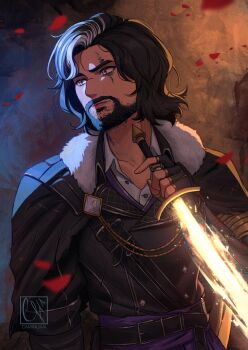 1boy artist_name beard black_gloves black_jacket caminukai clair_obscur:_expedition_33 closed_mouth commentary english_commentary facial_hair facial_tattoo fingerless_gloves fur_trim gloves glowing glowing_sword glowing_weapon grey_eyes highres holding holding_sword holding_weapon jacket male_focus multicolored_hair short_hair solo streaked_hair sword tattoo verso_(clair_obscur:_expedition_33) weapon white_hair