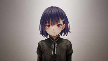 Rule 34 | 1girl, as109, flat chest, hair ornament, hairclip, highres, looking at viewer, mole, mole on cheek, original, pink eyes, purple hair, short hair, solo