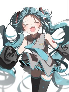 1girl :d ^_^ absurdly_long_hair aqua_hair aqua_necktie aqua_trim arm_tattoo bangs_blown_up black_skirt black_sleeves black_thighhighs blurry blurry_background blush closed_eyes collared_shirt cowboy_shot detached_sleeves facing_viewer floating_clothes floating_hair floating_neckwear frilled_shirt frills grey_shirt hair_ornament happy hashtag-only_commentary hatsune_miku highres jjeogi38 long_hair long_sleeves miniskirt necktie number_tattoo open_mouth shirt simple_background skirt sleeveless sleeveless_shirt smile solo standing tattoo teeth thighhighs twintails untucked_shirt upper_teeth_only very_long_hair vocaloid white_background wide_sleeves zettai_ryouiki