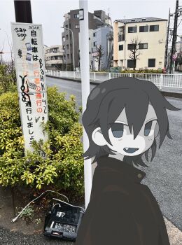 1girl artist_self-insert black_hair black_shirt building bush colored_skin commentary_request cookie_(touhou) fang grey_eyes grey_skin hair_between_eyes highres kofji_(artist) kofji_(cookie) looking_at_viewer no_parking_sign open_mouth photo_background railing road road_sign selfie shirt short_hair sign smile solo upper_body white_skin