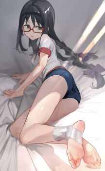 1girl akemi_homura ass bandaged_foot bandages bed black_hair blue_buruma braid buruma commentary_request feet glasses gym_uniform hair_ribbon hairband hand_on_bed highres kokoro6636 loli long_hair looking_at_viewer lying mahou_shoujo_madoka_magica official_alternate_hairstyle on_side purple_eyes red-framed_eyewear ribbon ribbon_in_braid shirt sidelocks solo sunlight thighs twin_braids white_shirt