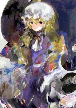 Rule 34 | 1girl, abstract, abstract background, absurdres, blonde hair, closed mouth, clothing request, commentary, dress, expressionless, hair between eyes, hat, highres, long hair, looking at viewer, maribel hearn, mob cap, neck ribbon, purple dress, purple eyes, red ribbon, ribbon, sash, tagme, touhou, tsukamoto anabone, white hat, white sash