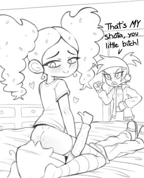 1boy 2girls ass bed_sheet closed_mouth dimples_of_venus english_text foster's_home_for_imaginary_friends frankie_foster girl_on_top goo_(foster's) hair_ornament hairclip highres indoors kodomo_doushi loli looking_at_another looking_back lying mac_(foster's) monochrome multiple_girls on_back on_bed short_sleeves shota sitting sitting_on_face sitting_on_person smile striped_clothes striped_thighhighs thighhighs thumbs_up twintails yep_melon