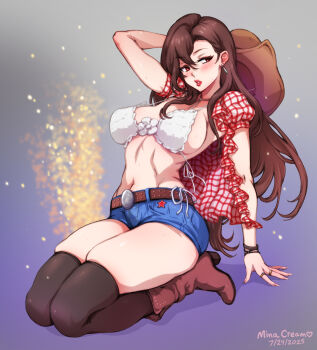 1girl bikini black_thighhighs blue_shorts boots bra breasts brown_hair cosplay cowboy_hat final_fantasy final_fantasy_vii gingham hat highres jewelry kneeling kwon_eun-bi kwon_eun-bi_(cosplay) lipstick long_hair looking_to_the_side makeup mina_cream red_eyes red_lips ring shorts swimsuit thighhighs tifa_lockhart underwear white_bikini white_bra