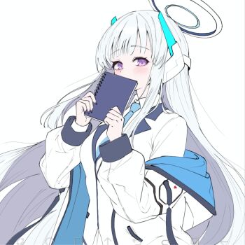 1girl art_program_in_frame blue_archive blue_necktie blunt_bangs blunt_ends blush collared_shirt commentary covering_own_mouth floating_hair formal_clothes halo headgear highres hime_cut holding holding_notebook ibispaint_(medium) jacket long_hair long_sleeves looking_at_viewer mechanical_halo necktie noa_(blue_archive) notebook open_clothes open_jacket puffy_long_sleeves puffy_sleeves purple_eyes school_uniform shirt sidelocks solo straight_hair suit upper_body very_long_hair wa_sumi white_hair white_halo white_jacket white_shirt white_suit