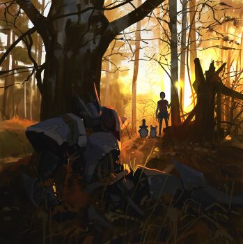 Rule 34 | 1girl, bare tree, bird, commentary, dog, english commentary, evening, forest, highres, mecha, nature, original, outdoors, penguin, robot, scenery, science fiction, snatti, sun, sunset, tree, warm colored, welsh corgi